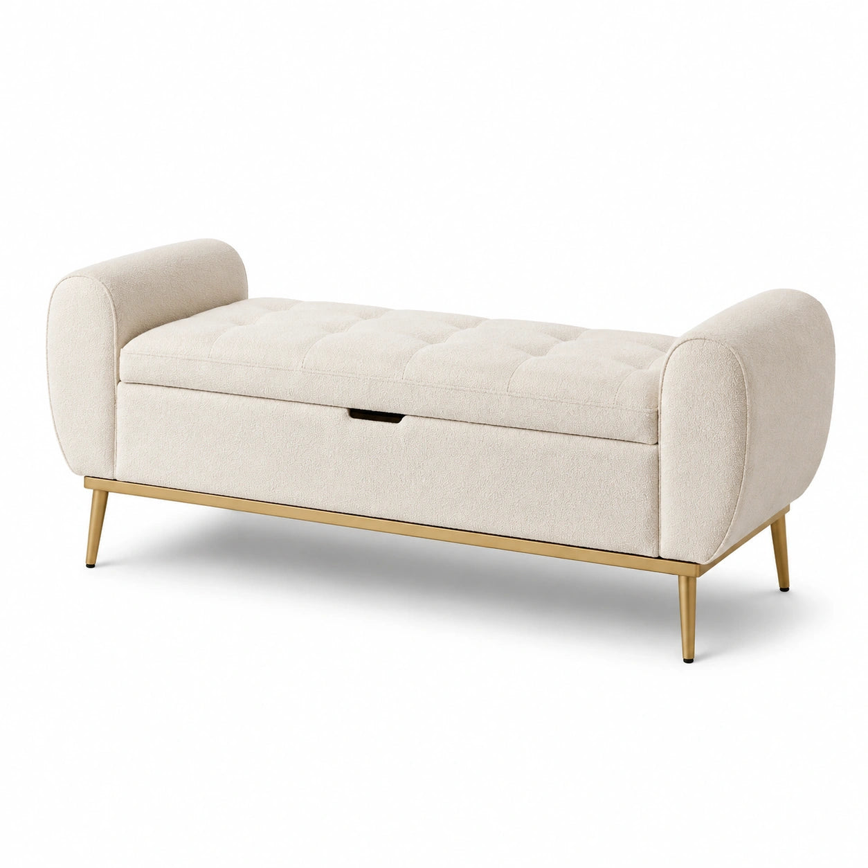 Banc de rangement en tissu polyester avec pieds en métal, beige