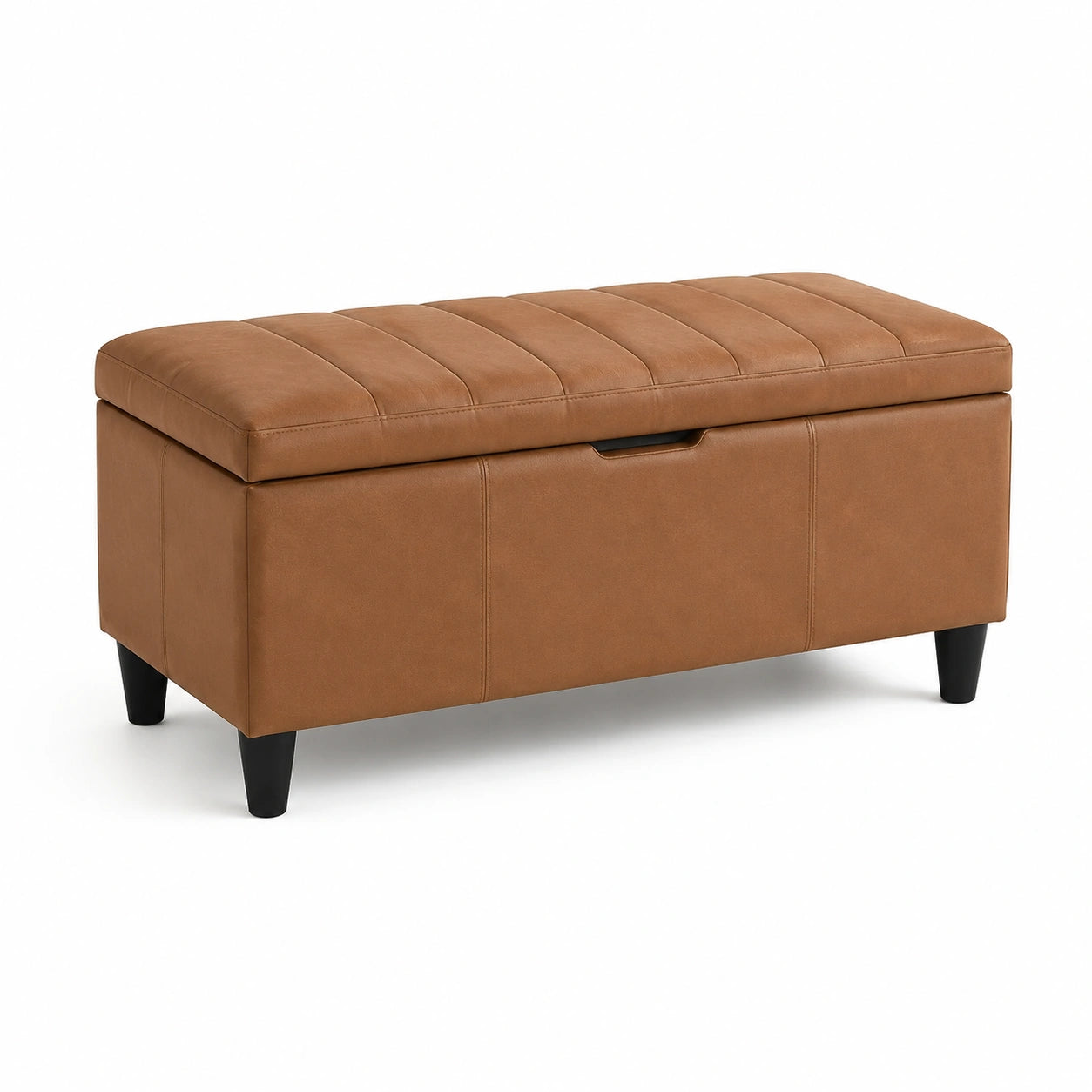 Banc de rangement en cuir synthétique marron avec pieds en bois de hêtre