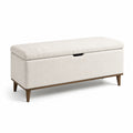 Banc de rangement en tissu polyester écru avec pieds en bois