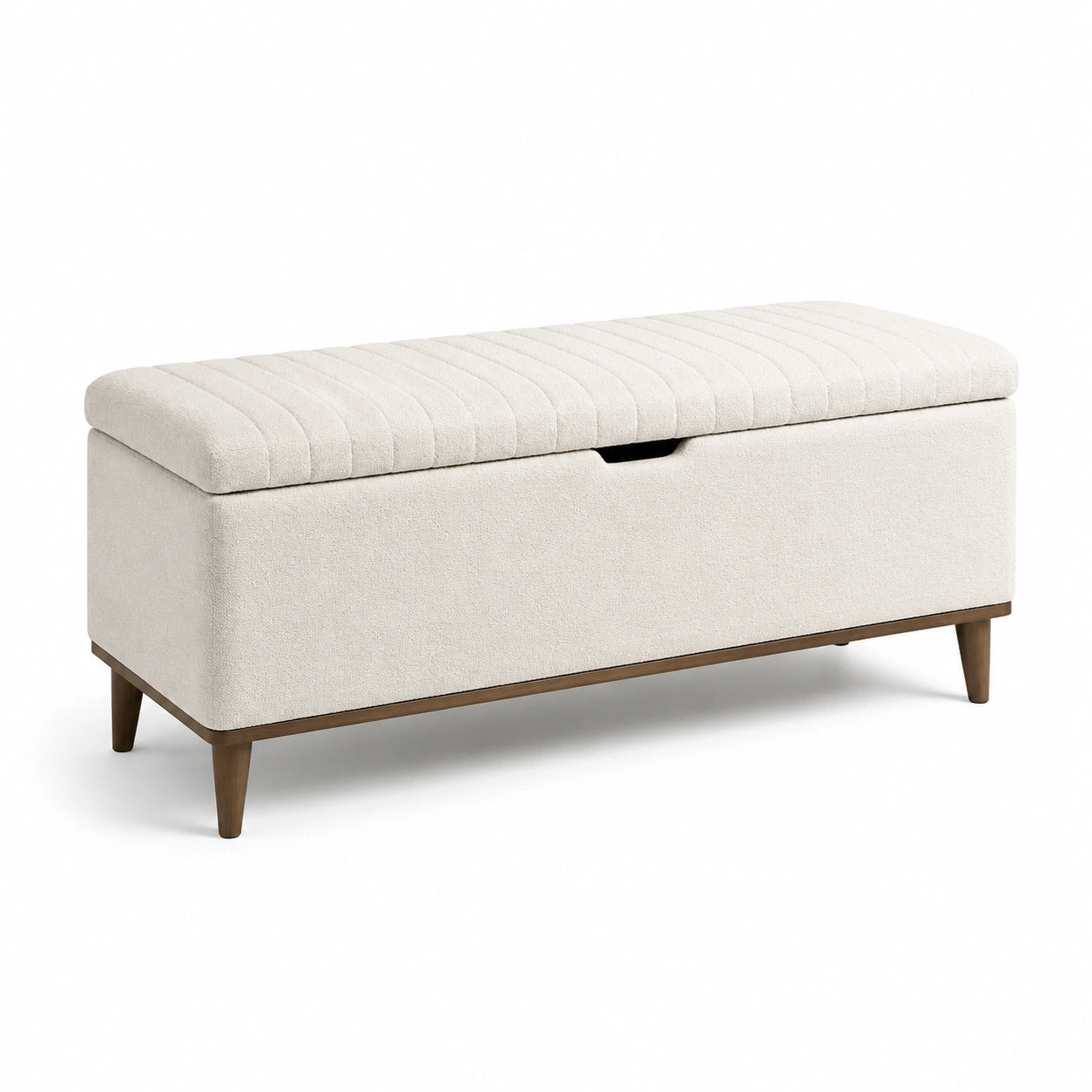 Banc de rangement en tissu polyester écru avec pieds en bois