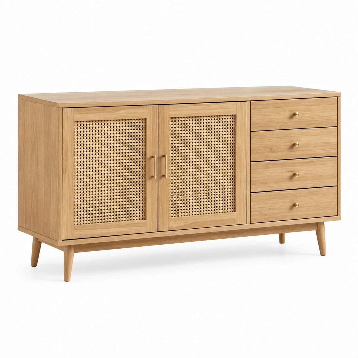 Buffet en bois chêne avec portes en rotin et tiroirs