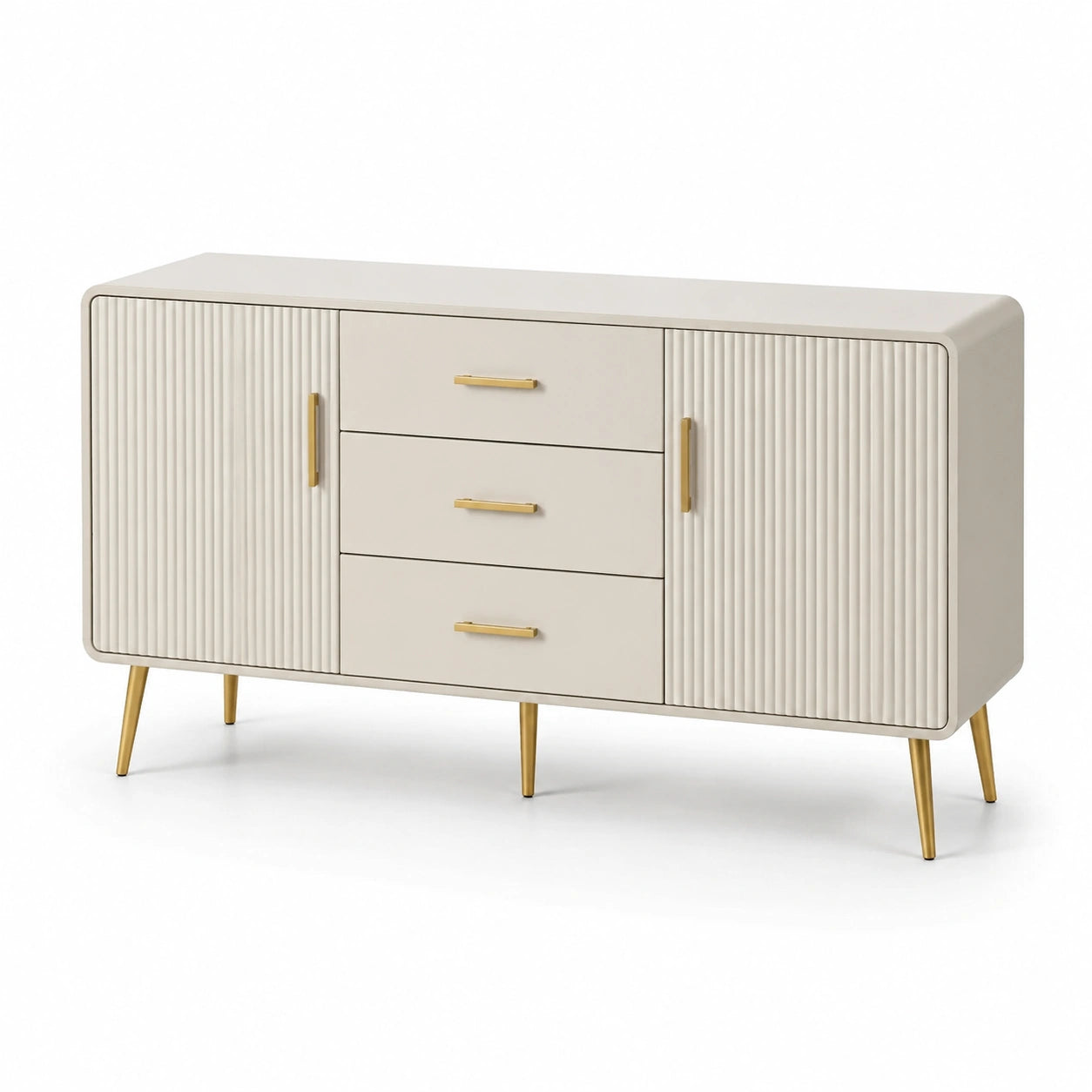 Buffet en bois et métal beige avec détails dorés 145x40x85 cm