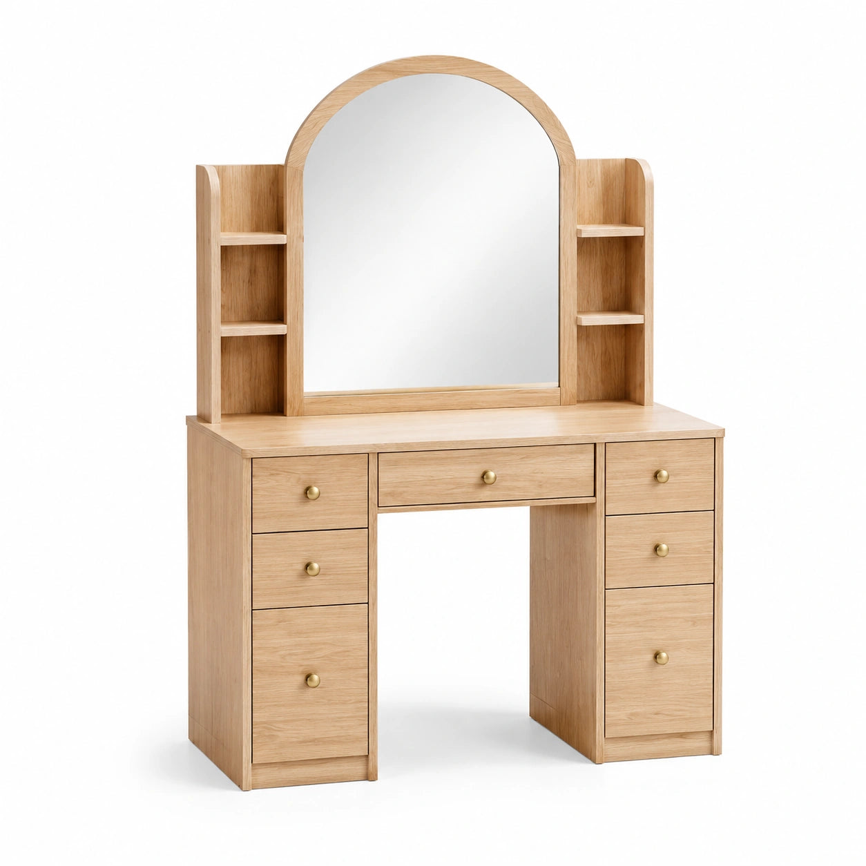Coiffeuse en bois clair avec miroir en arc, tiroirs et étagères