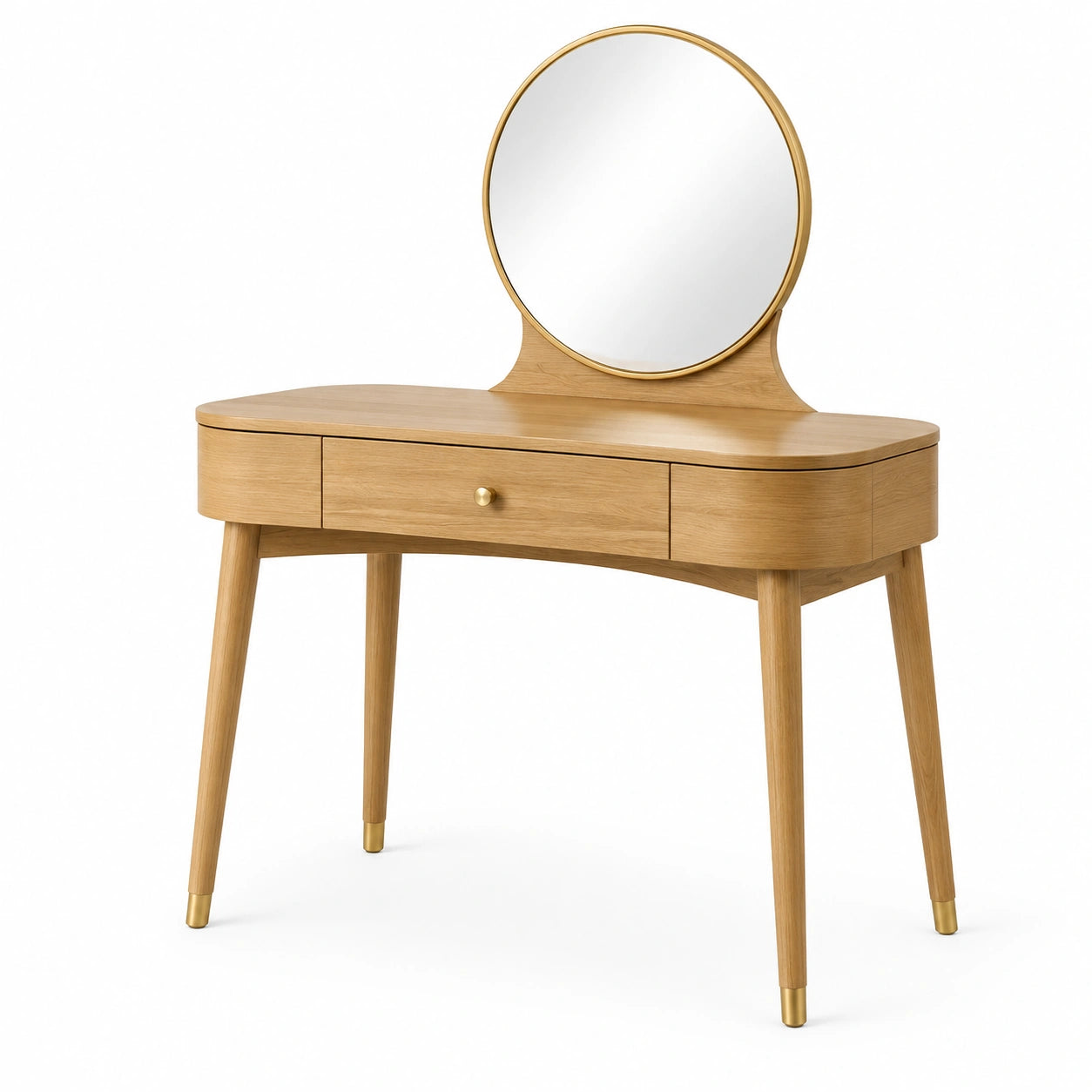 Coiffeuse en bois avec miroir rond et tiroirs chêne clair