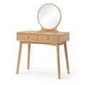 Coiffeuse en bois de chêne avec miroir rond et deux tiroirs