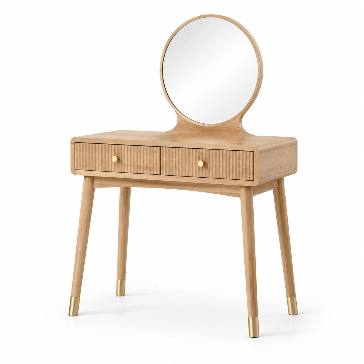 Coiffeuse en bois de chêne avec miroir rond et deux tiroirs