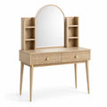 Coiffeuse en bois clair avec miroir arqué et étagères