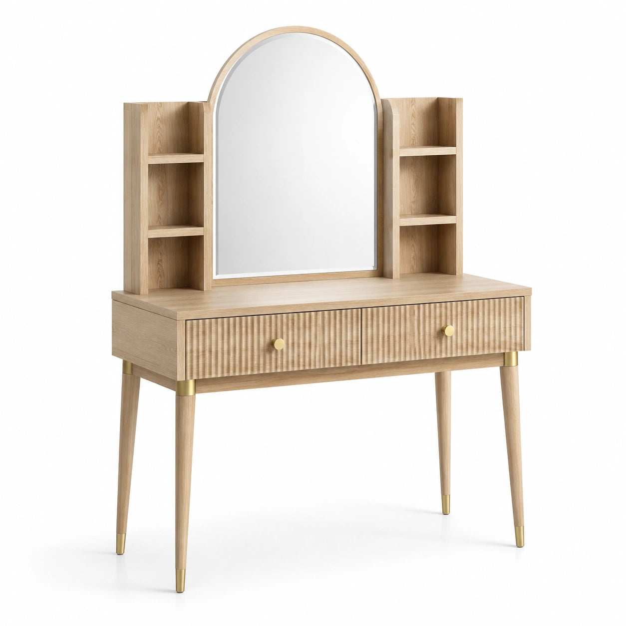 Coiffeuse en bois clair avec miroir arqué et étagères