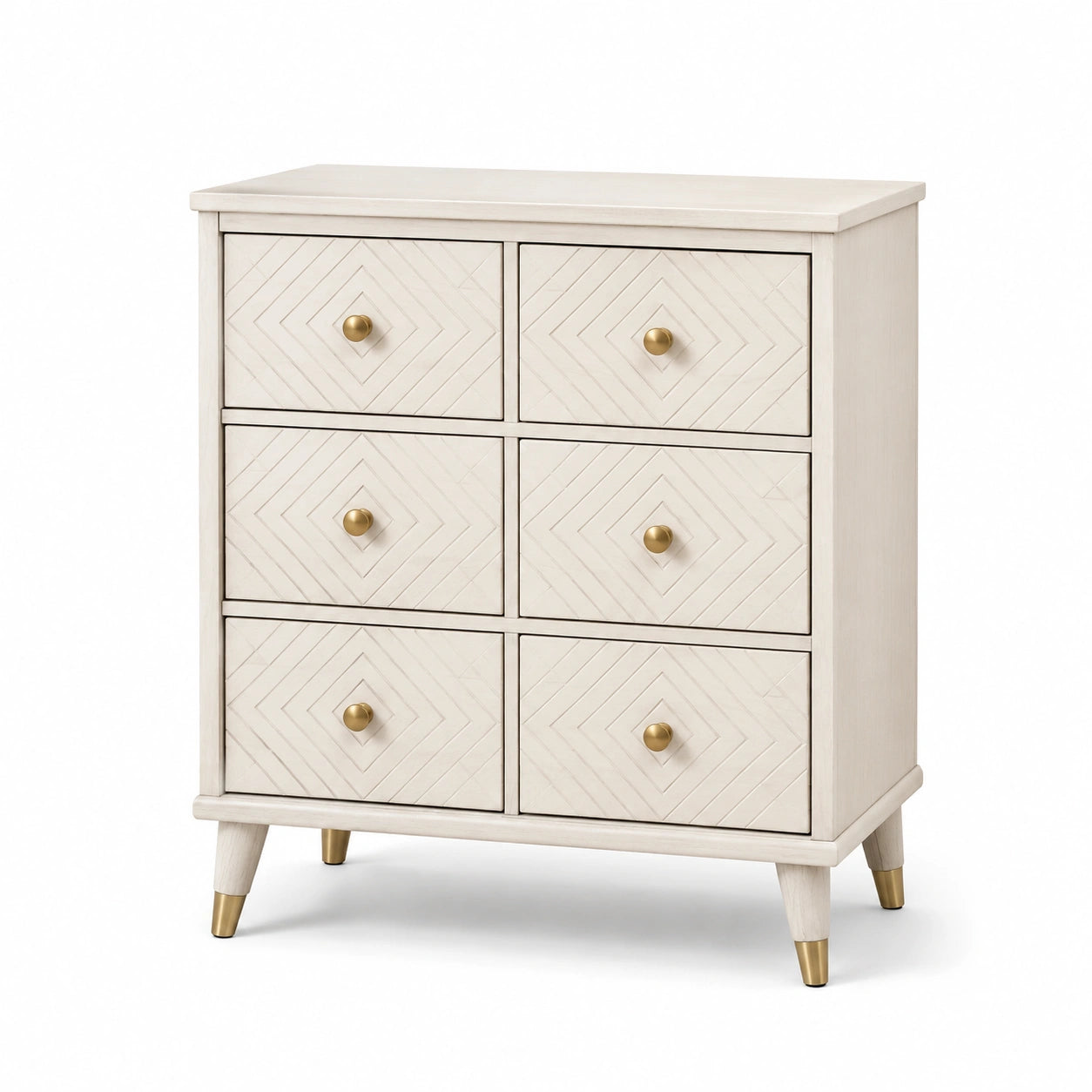 Commode bois massif blanche 6 tiroirs poignées en métal doré
