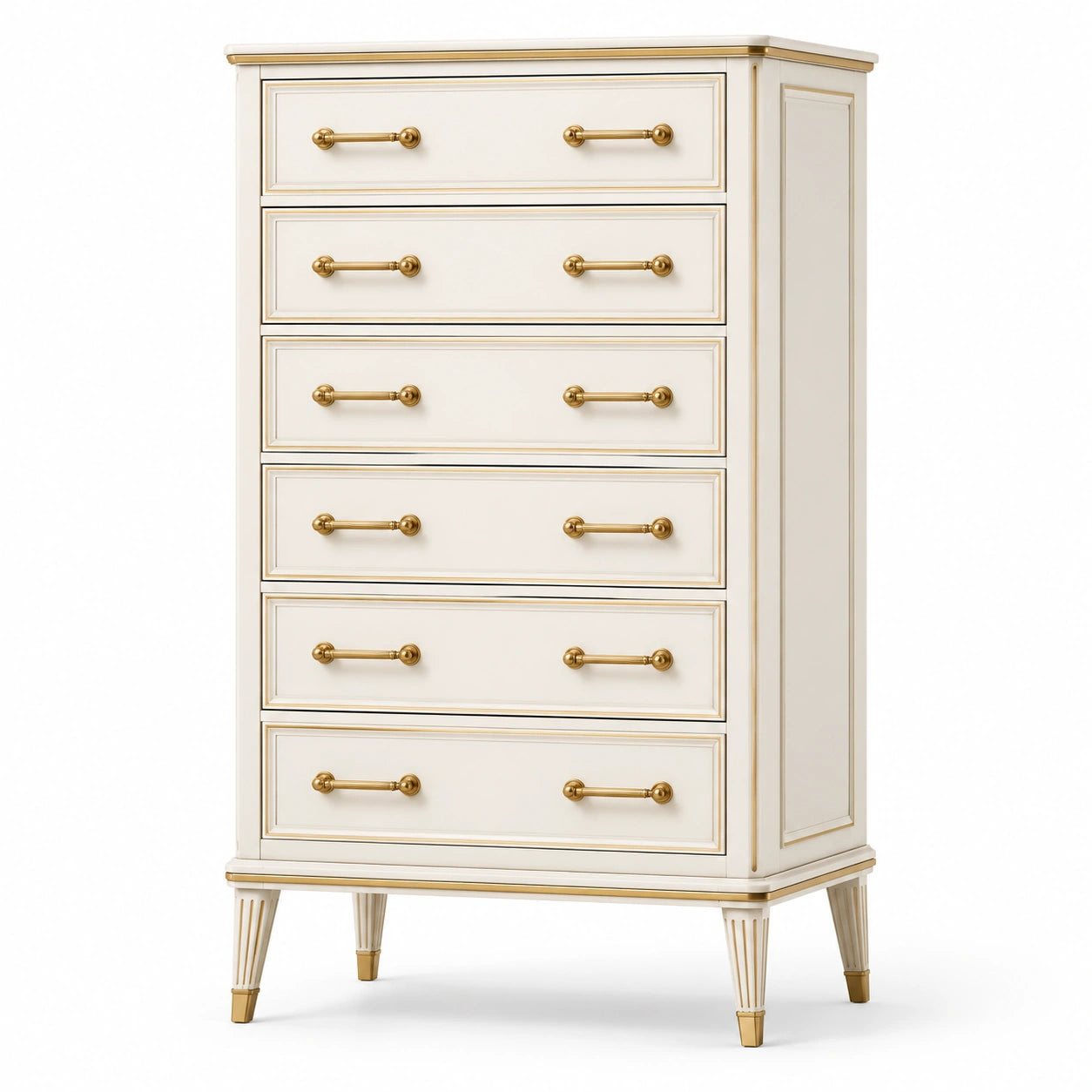 Commode haute 5 tiroirs bois blanc poignées en laiton doré