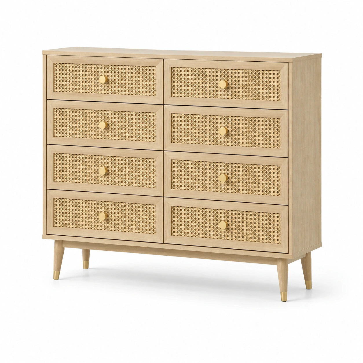 Commode 8 tiroirs en bois et rotin en chêne clair