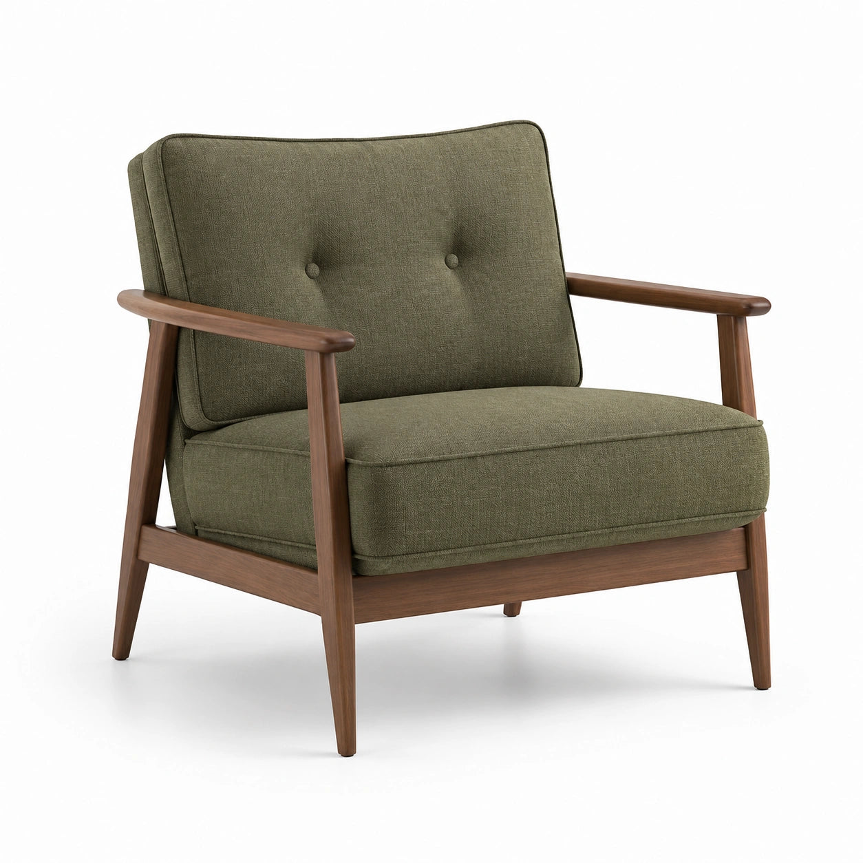 Fauteuil en textile olive avec structure en bois massif