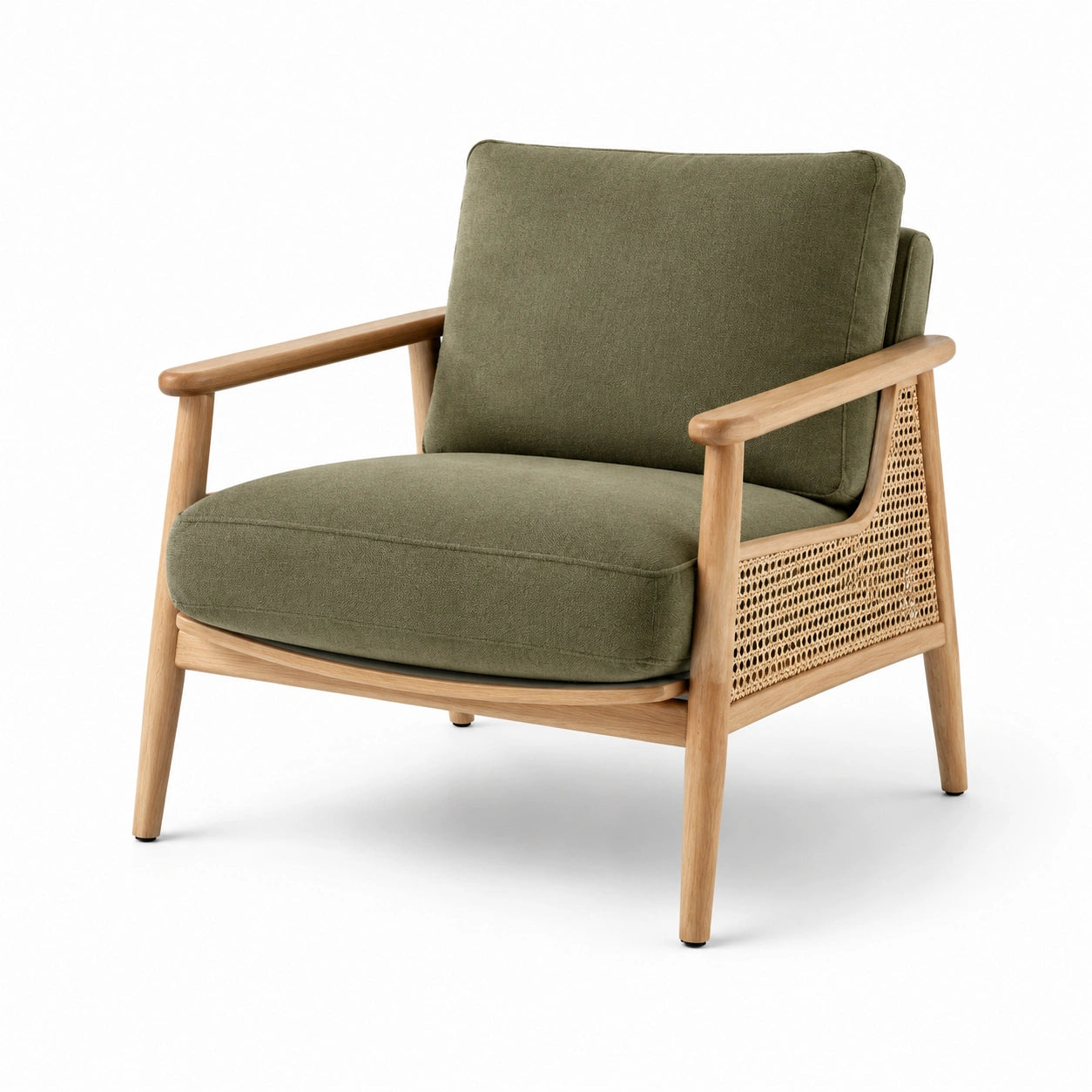 Fauteuil en chêne et rotin avec tissu vert olive