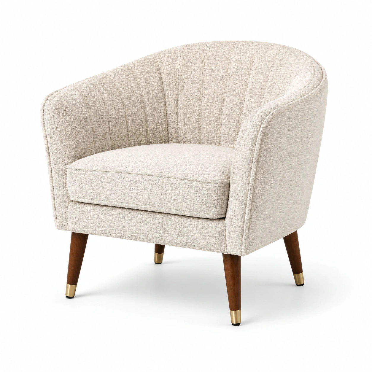 Fauteuil arrondi en tissu bouclé beige avec pieds en bois