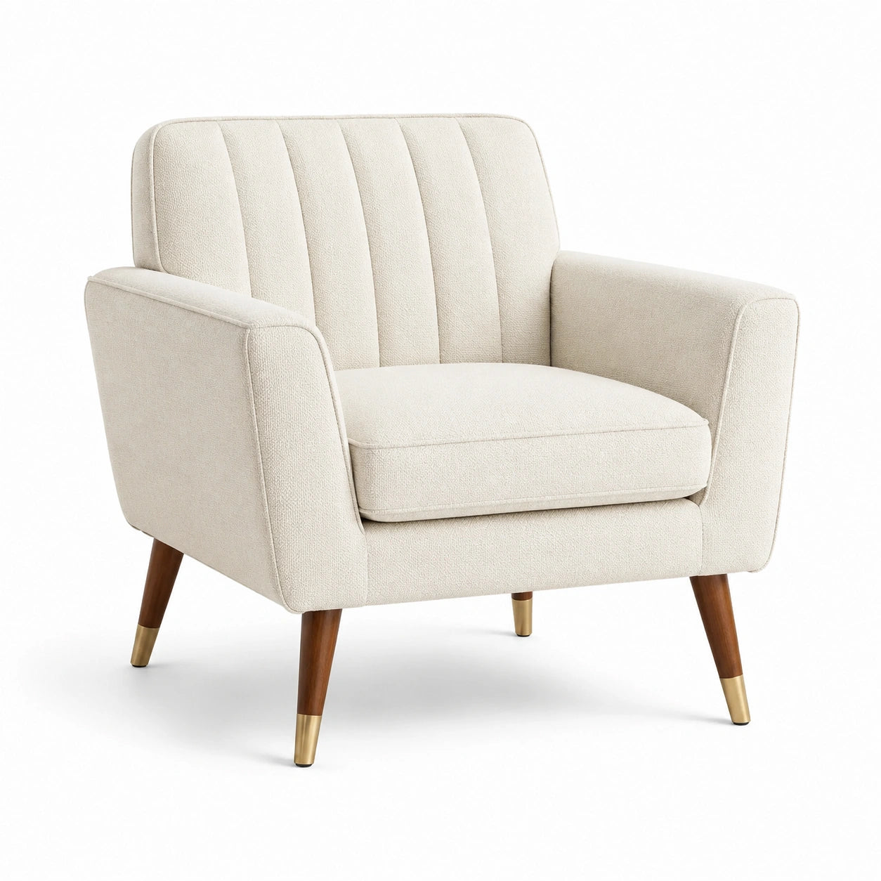 Fauteuil en tissu polyester beige avec pieds en bois et embouts en acier