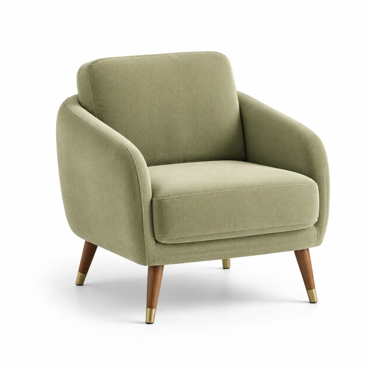 Fauteuil en velours côtelé vert olive avec pieds en hêtre