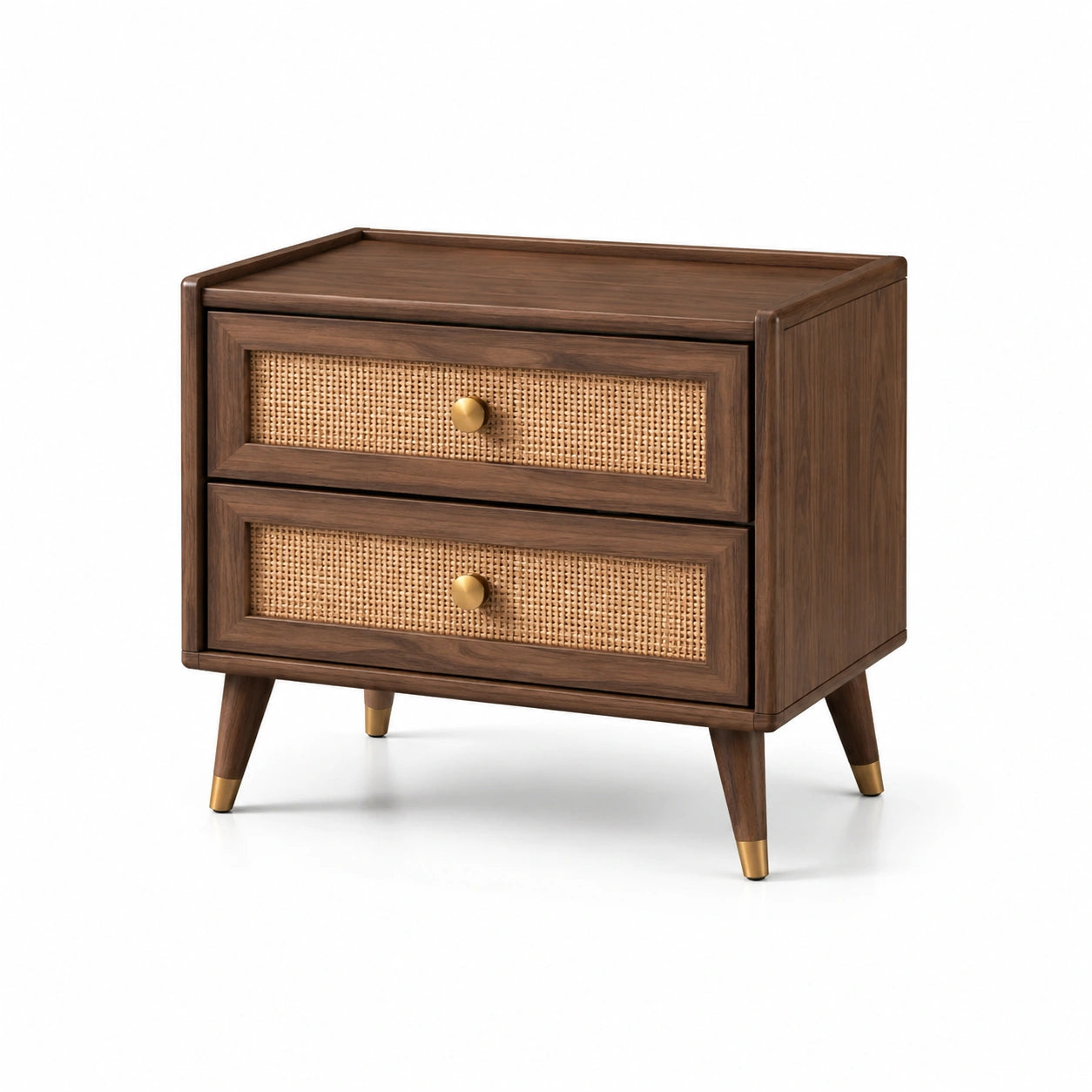 Table de chevet en bois avec tiroirs en rotin